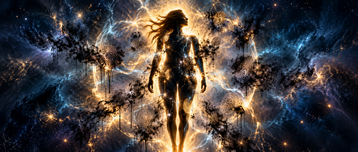 A glowing figure surrounded by cosmic energy and fingerprints, symbolizing energetic imprints in the energy field