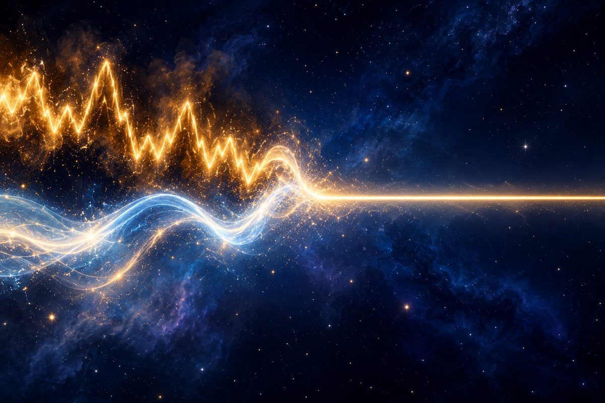 Glowing golden waves of energy meeting and settling into harmony across a deep cosmic sky