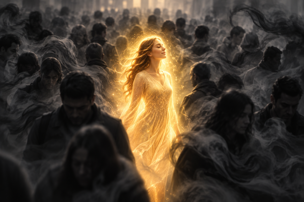 A woman glowing with golden light walks calmly through a crowd surrounded by heavy gray energy that can't reach her